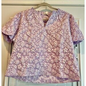 BIBI Lavender Floral Textured Puff Sleeve V Neck Top Women's Size S